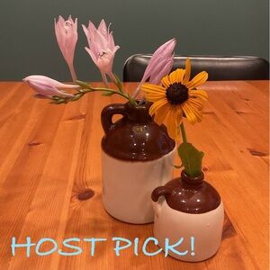 VINTAGE MINI JUGS BROWN POTTERY STONEWARE LOT OF 2 MOONSHINE SHELF SITTERS W. VA